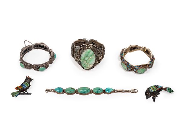 FOUR SILVER BRACELETS AND TWO PINS 