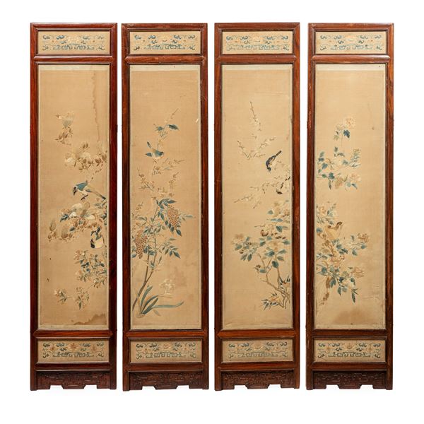 FOUR EMBROIDERED SILK PANELS