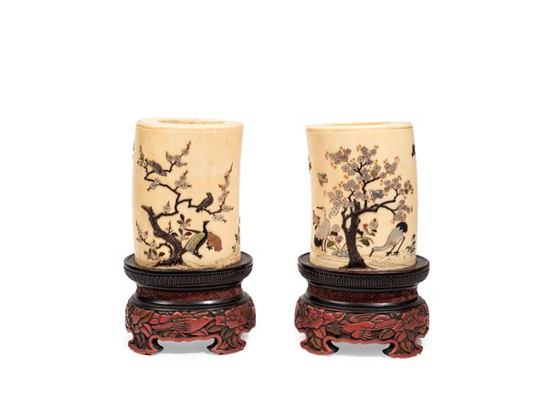 ☼A PAIR OF SHIBAYAMA IVORY BRUSH HOLDERS