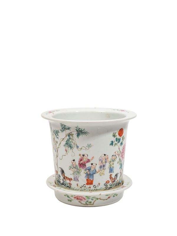 A FAMILLE ROSE PORCELAIN JARDINIARE AND BASE