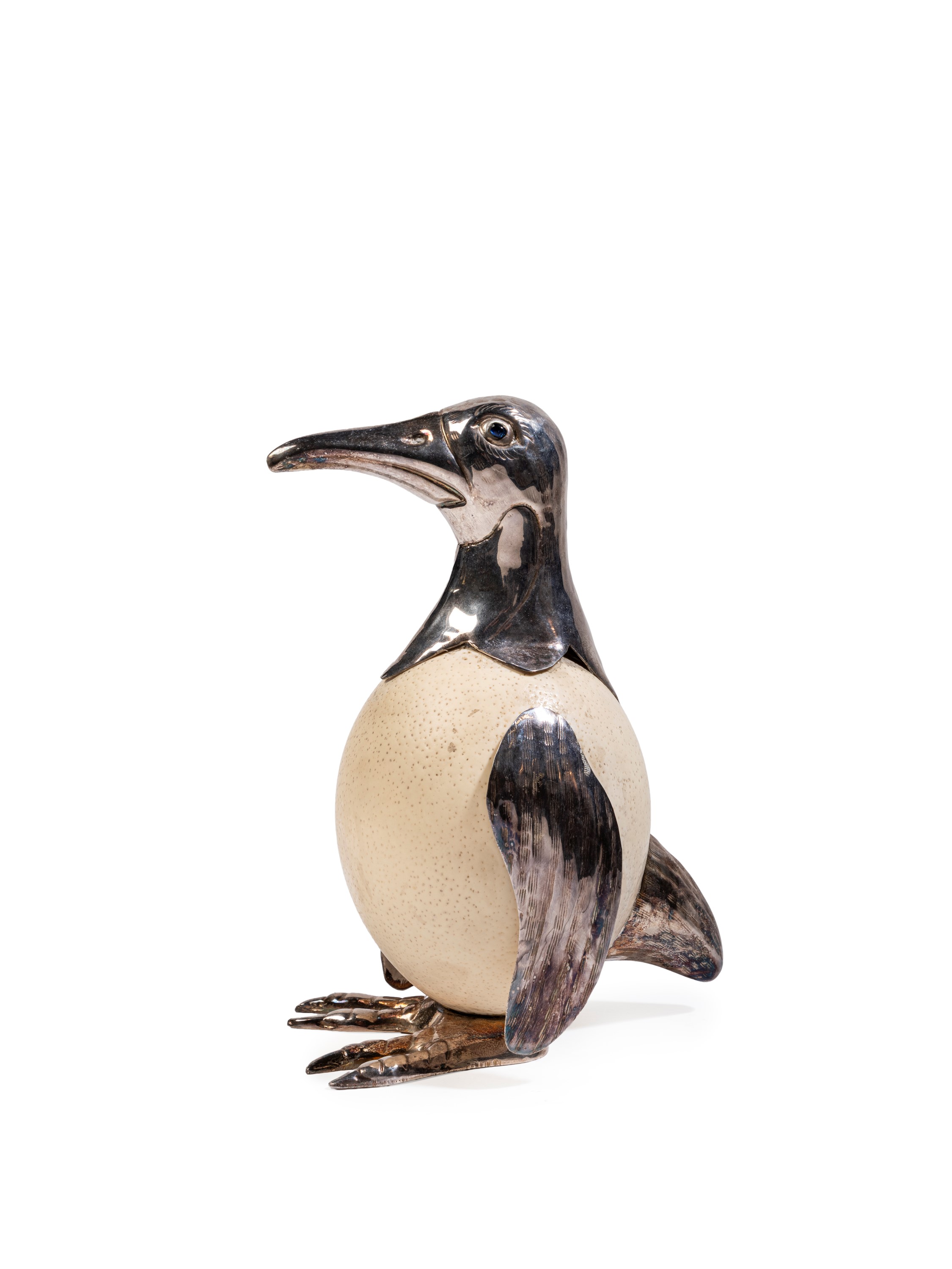 Figura di pinguino, montatura in metallo argentato e occhi in pietra blu