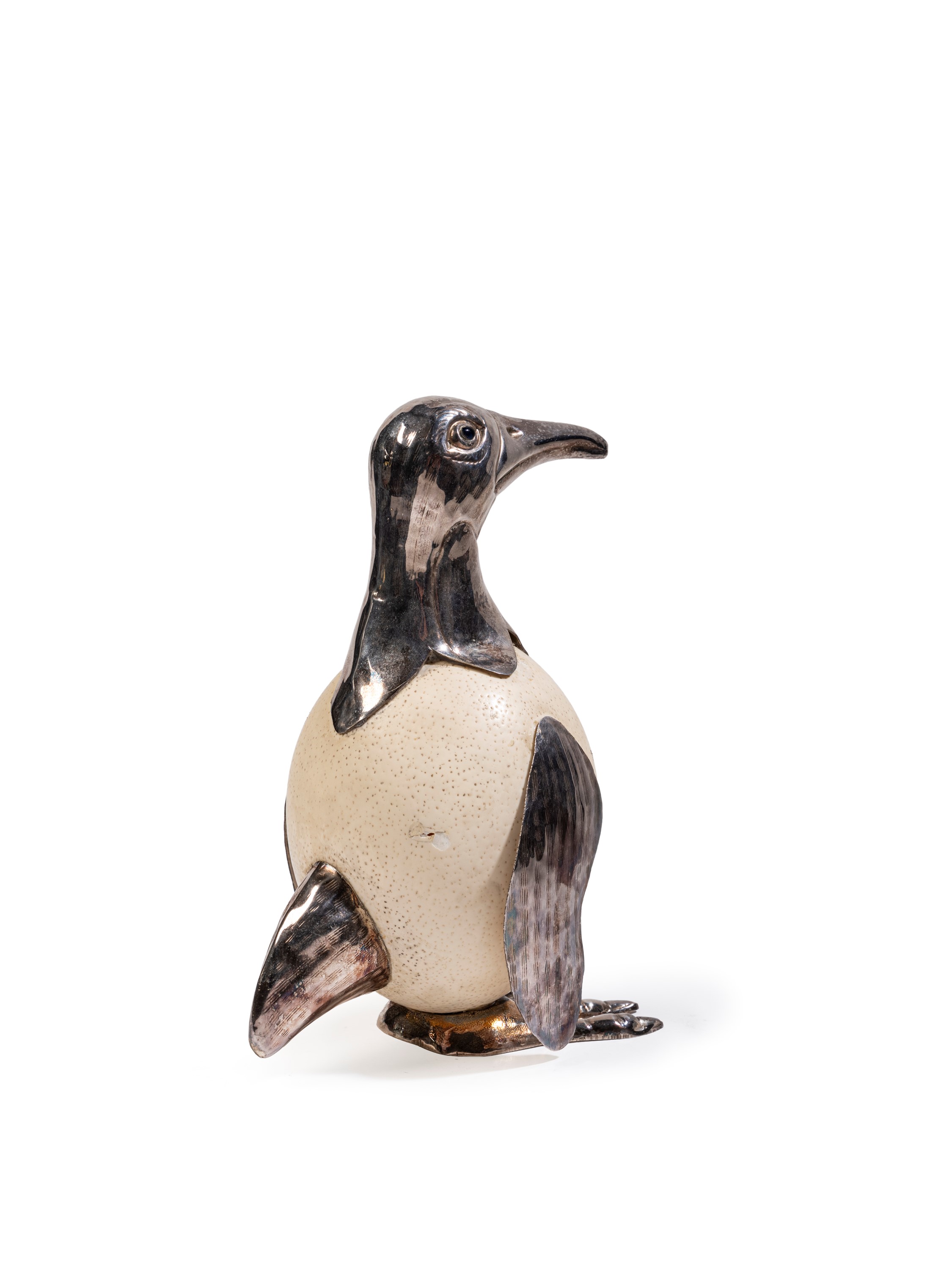Figura di pinguino, montatura in metallo argentato e occhi in pietra blu