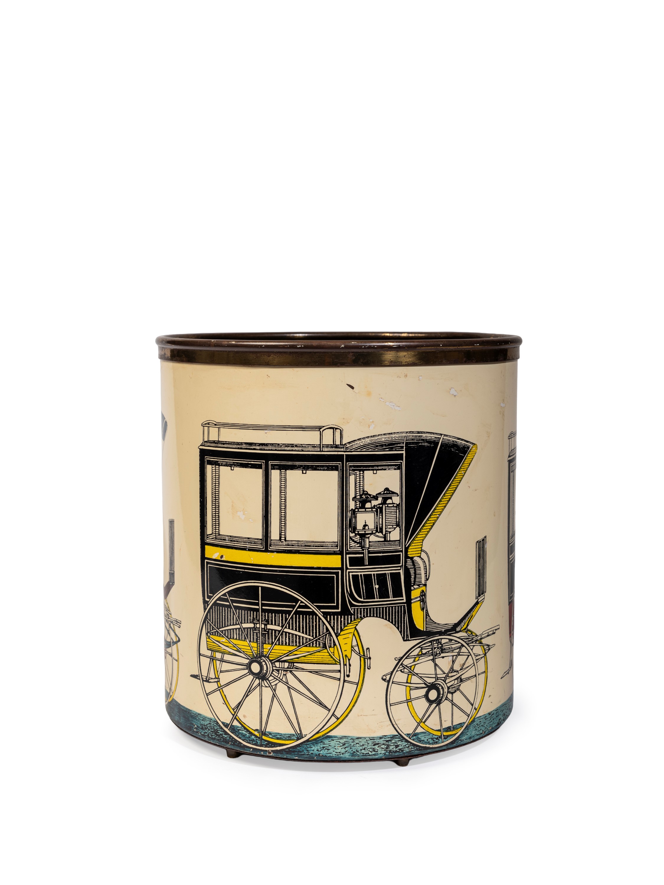 Piero Fornasetti - Gettacarte (metallo serigrafato, decorazione “Carrozze”)