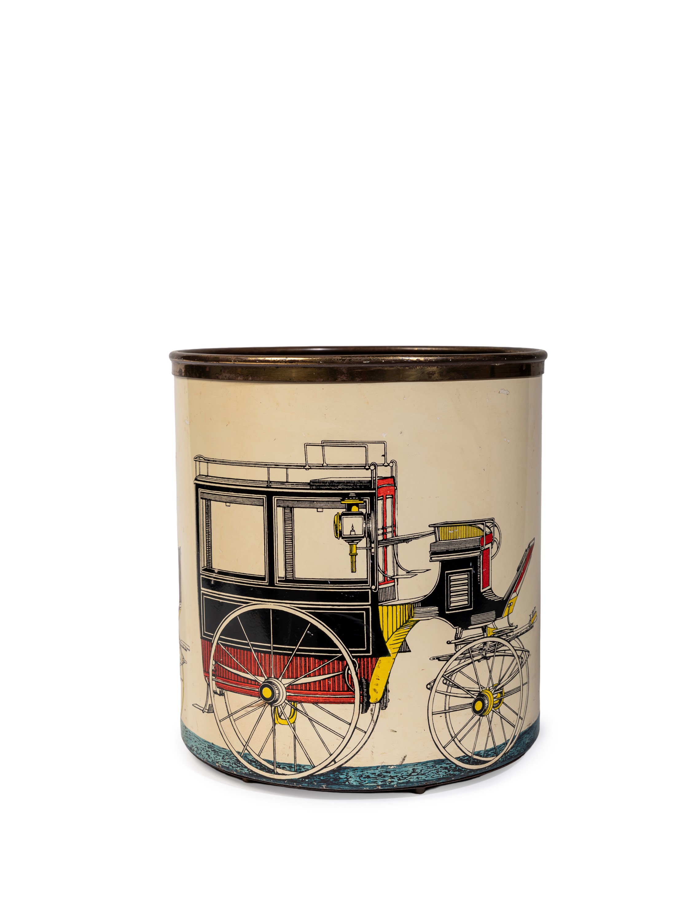 Piero Fornasetti - Gettacarte (metallo serigrafato, decorazione “Carrozze”)