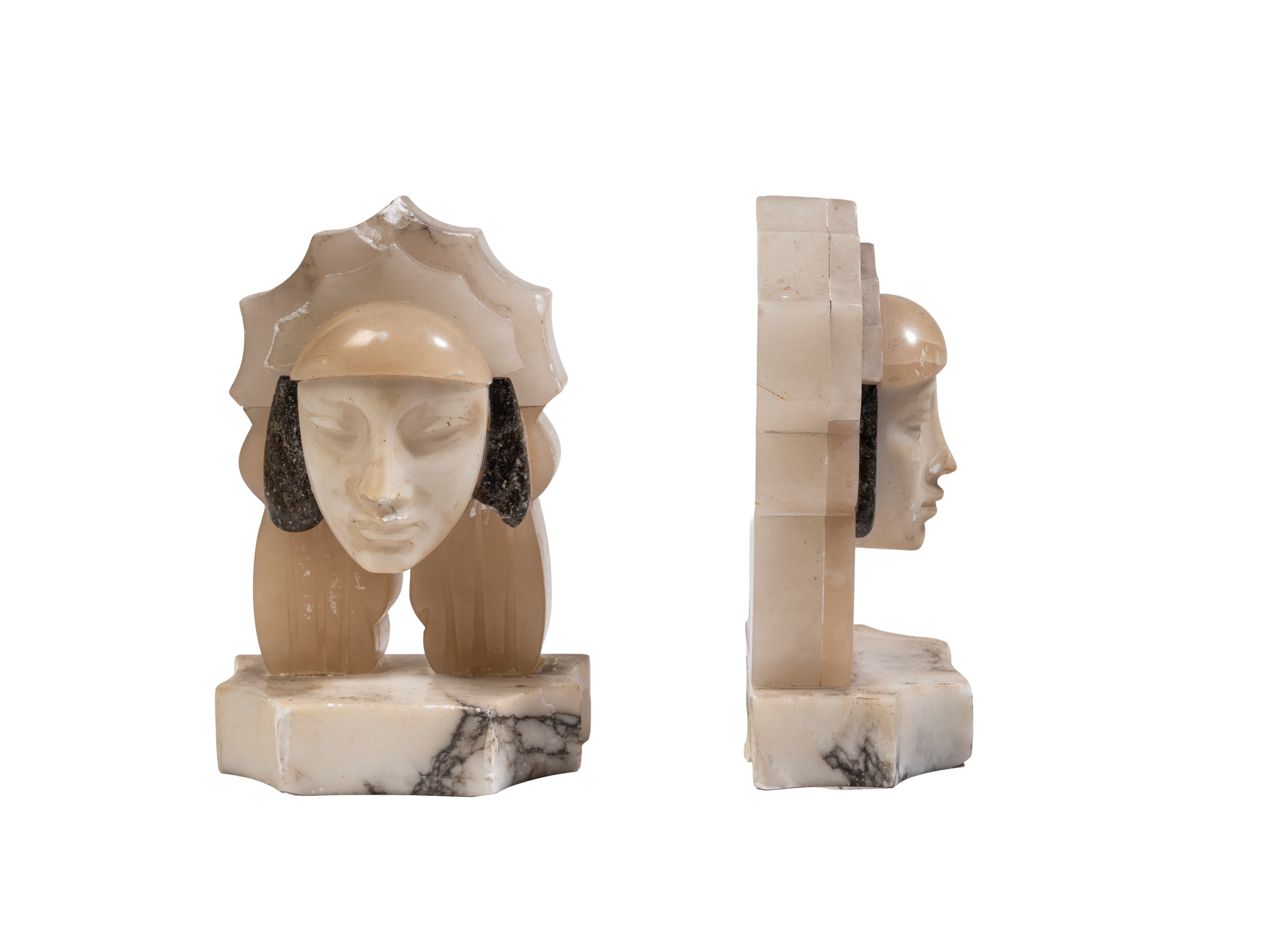 Alabastro scolpito, Fermalibri in stile Art Déco (coppia)