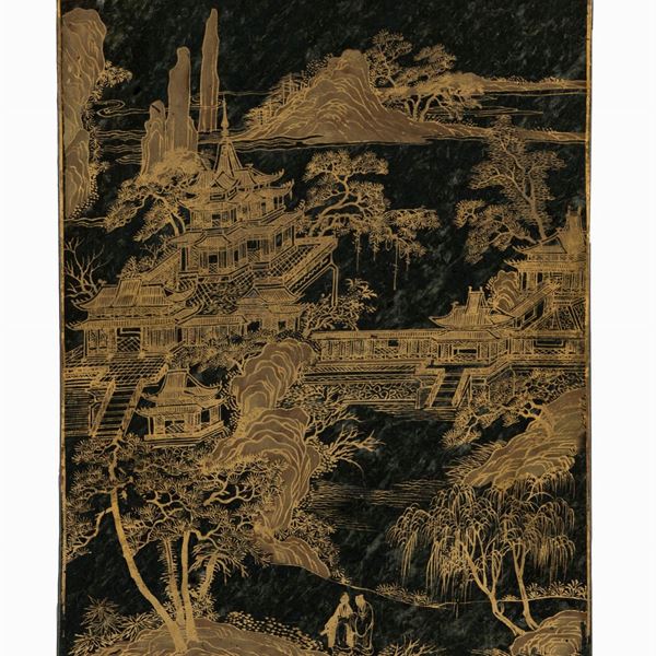 A GILT DECORATED SPINACH JADE PLAQUE