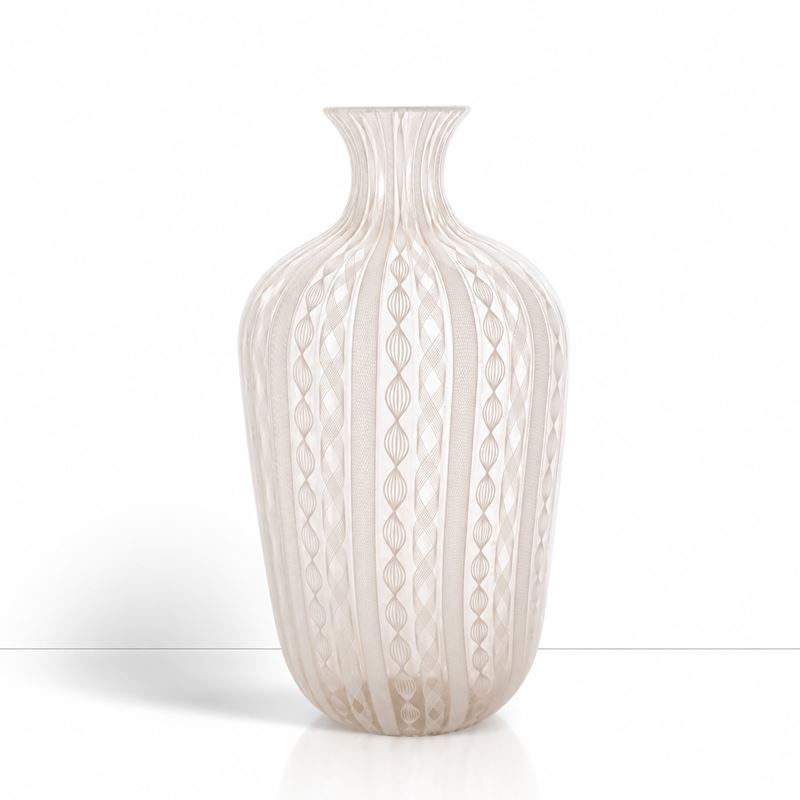 Barovier & Toso - Vaso in vetro soffiato con decorazione a canne in lattimo e reticello