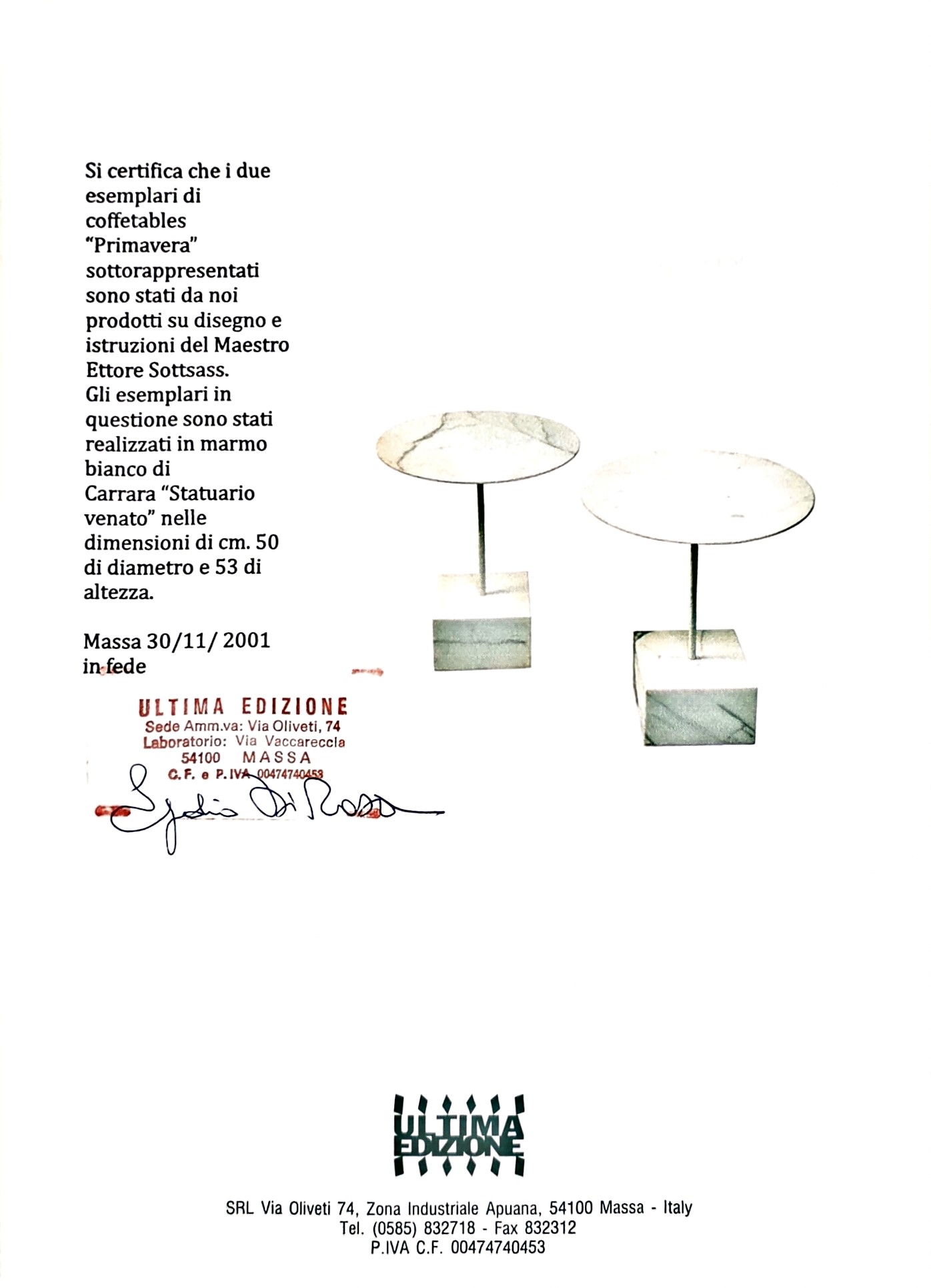Ettore Sottsass - Tavolini Primavera, marmo Carrara e metallo laccato