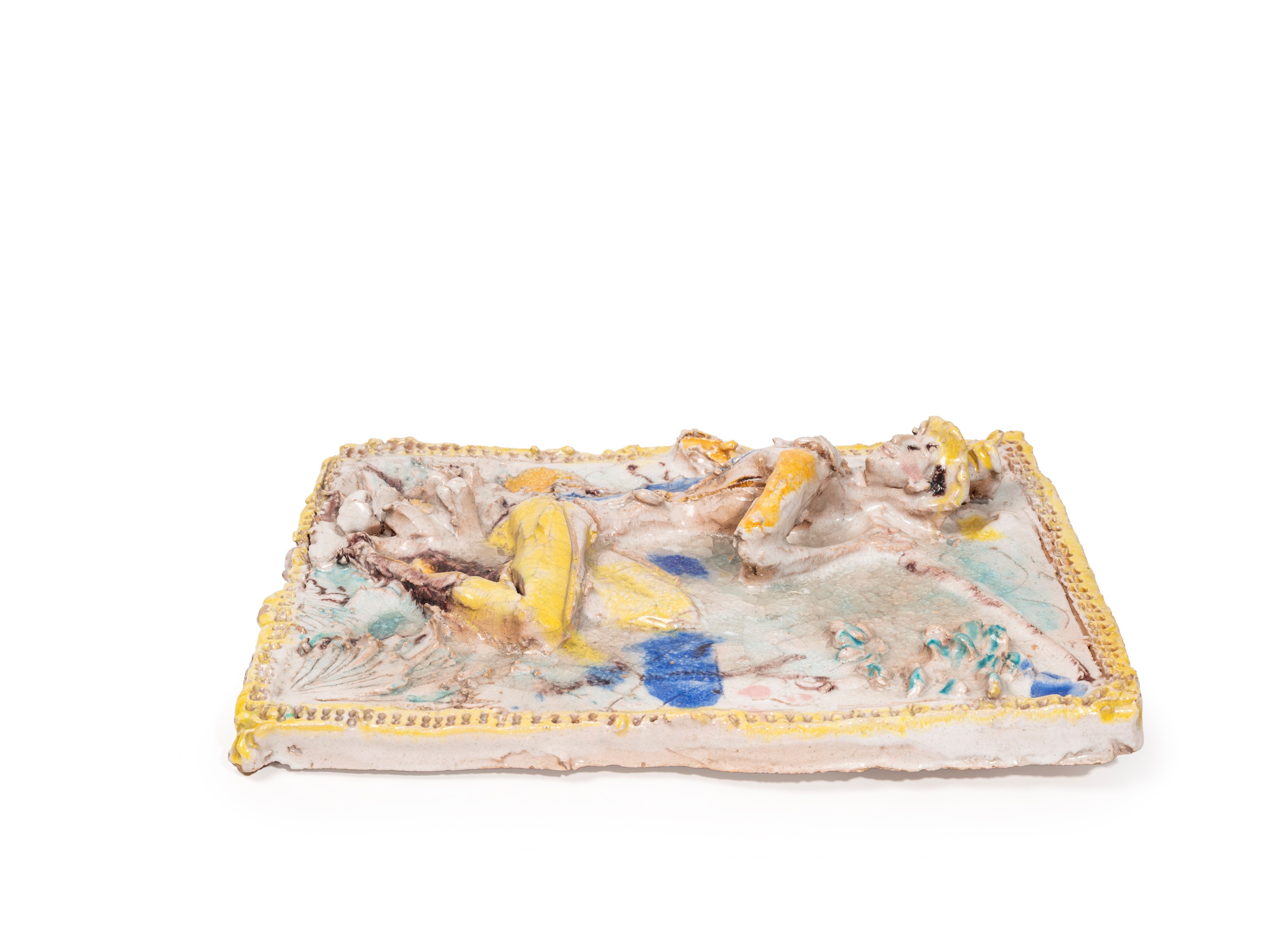 Silvano Taiuti - Placcca decorativa in maiolica policroma a rilievo (Il pescatore)