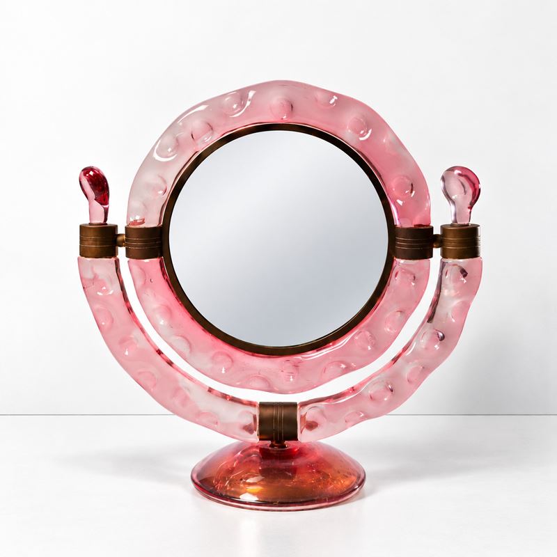 Murano - Grande specchio da tavolo con vetro rosa e struttura basculante in ottone