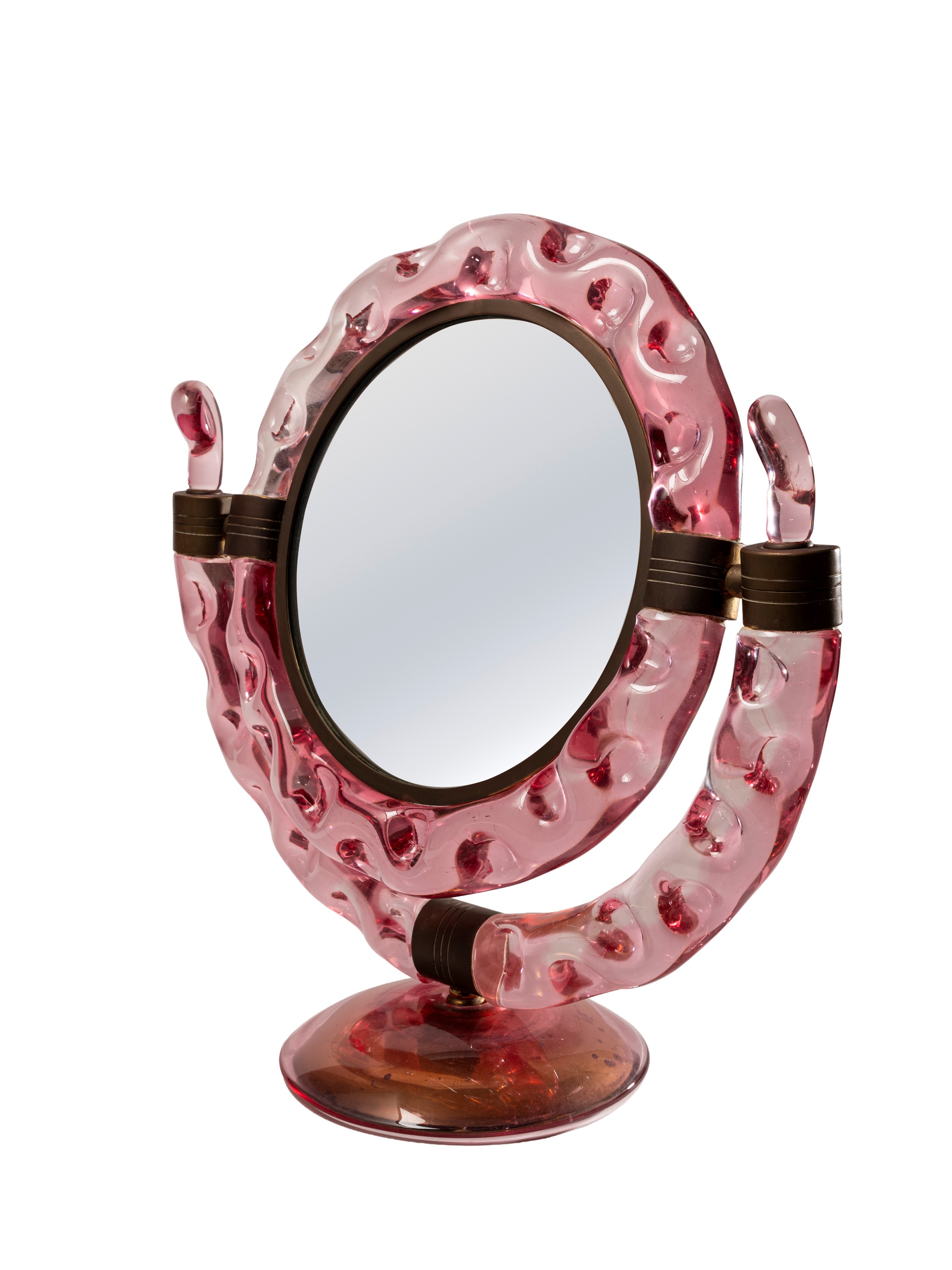 Murano - Grande specchio da tavolo con vetro rosa e struttura basculante in ottone