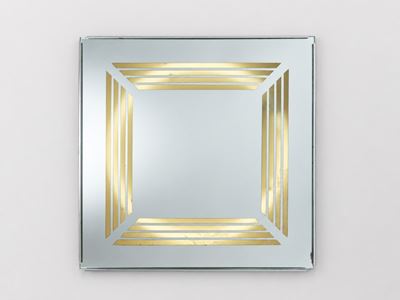 Specchio luminoso da parete con decorazione serigrafata in oro