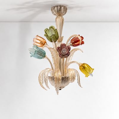 Lampadario a sei luci in vetro soffiato policromo (Murano), anni ’70 ca.