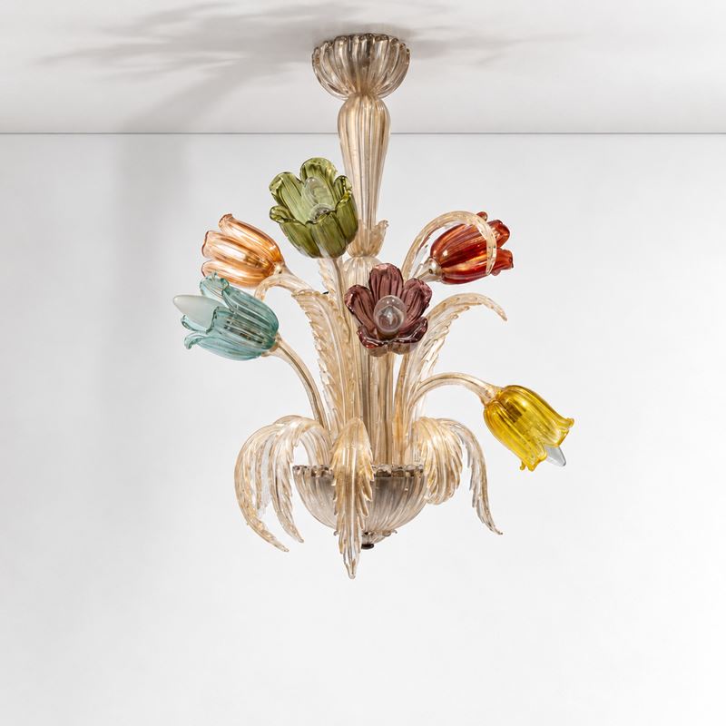 Seguso - Lampadario a sei luci in vetro soffiato policromo (Murano), anni ’70 ca.