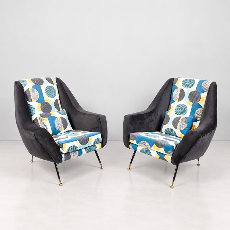 Gigi Radice - Coppia di poltrone con struttura in ferro e ottone, tappezzeria space age (anni '50...
