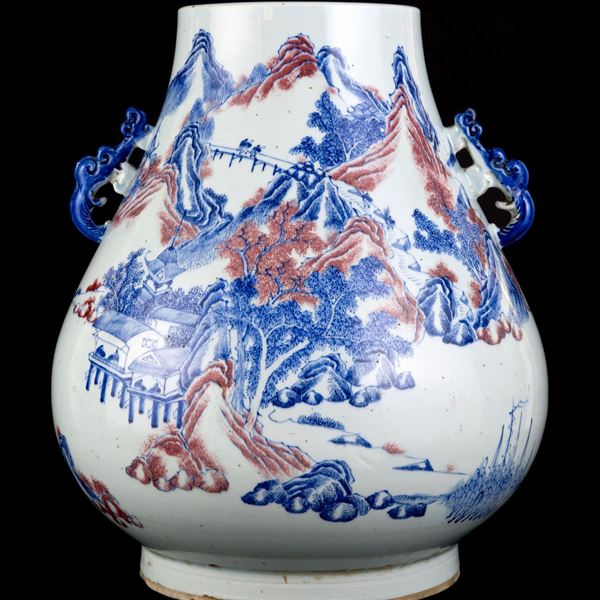A LARGE UNDERGLAZE BLUE AND RED 'HU' VASE