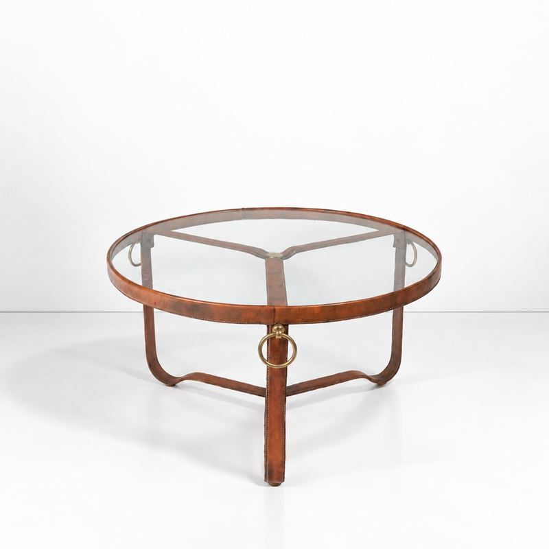 Jacques Adnet - Tavolo basso in cuoio, ottone e vetro