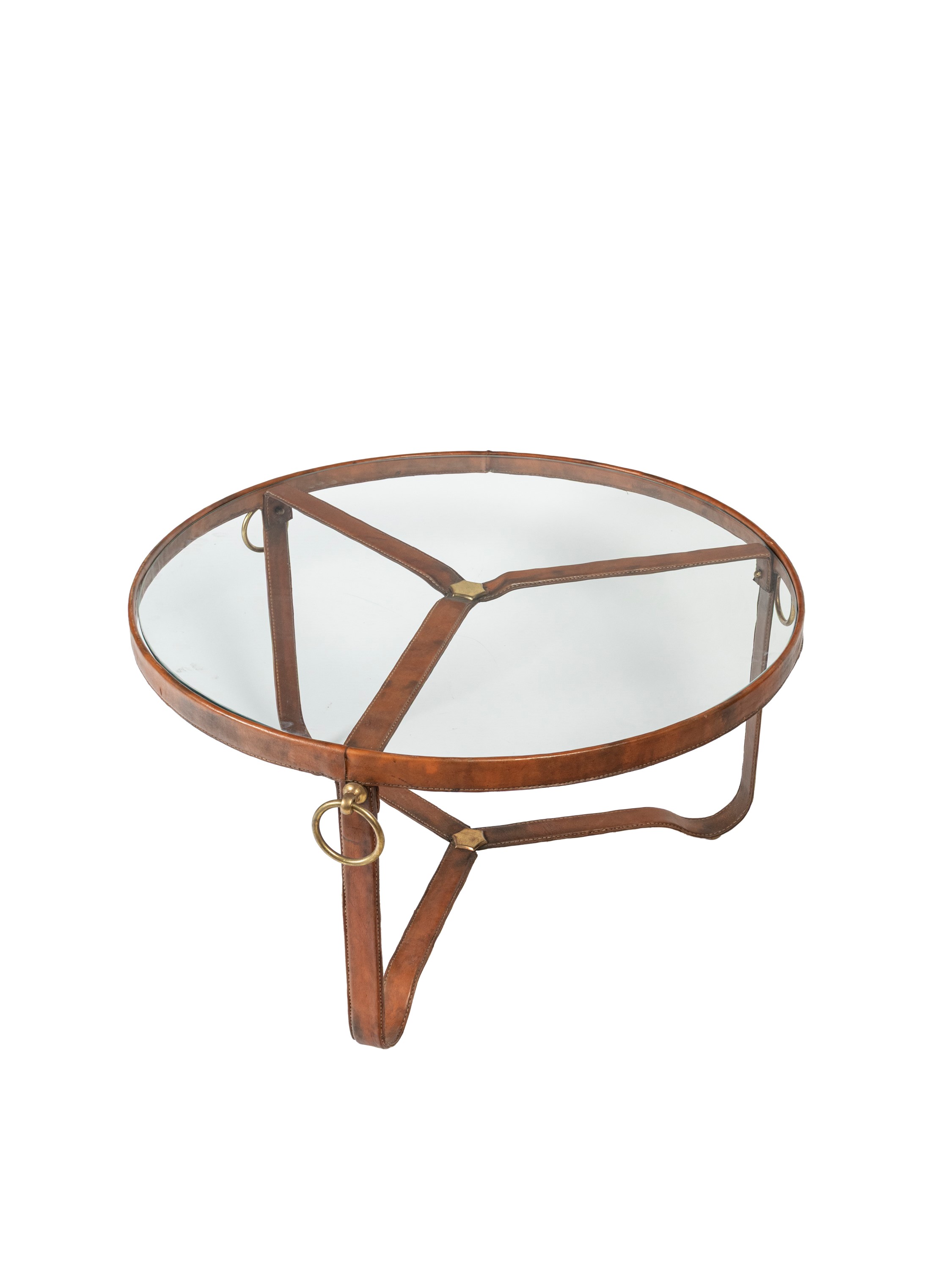 Jacques Adnet - Tavolo basso in cuoio, ottone e vetro