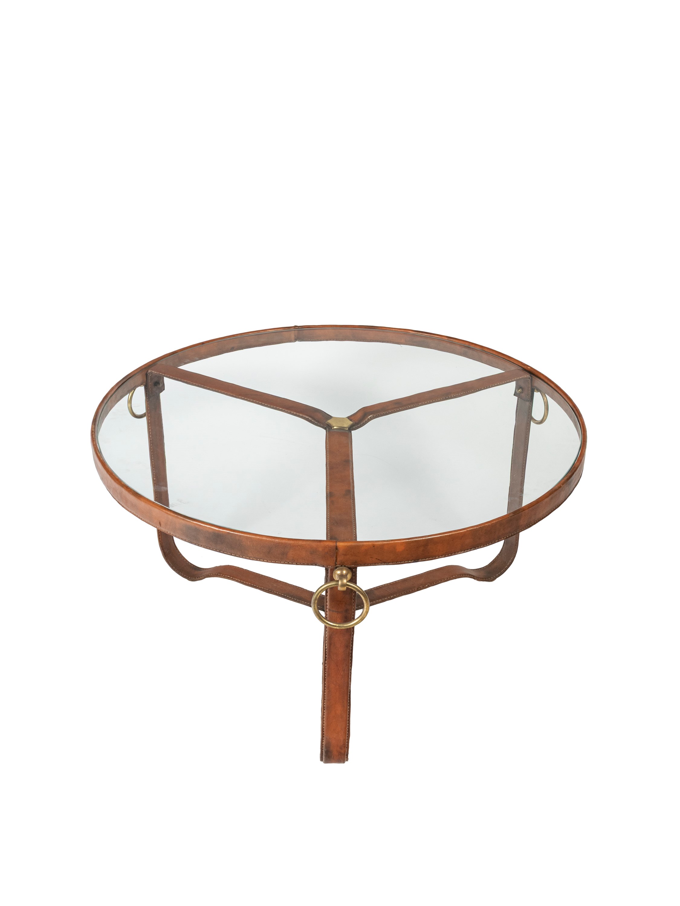 Jacques Adnet - Tavolo basso in cuoio, ottone e vetro
