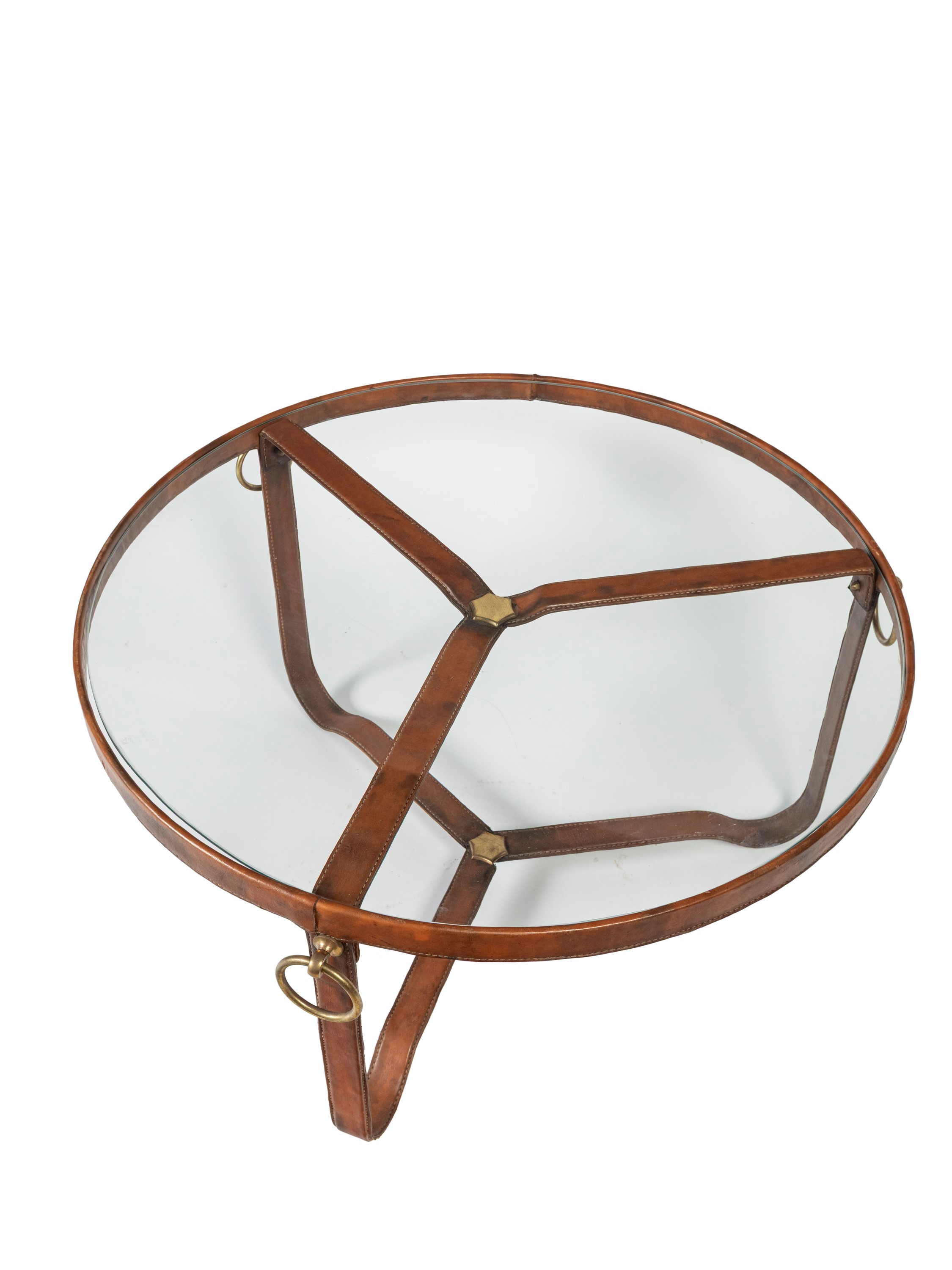 Jacques Adnet - Tavolo basso in cuoio, ottone e vetro