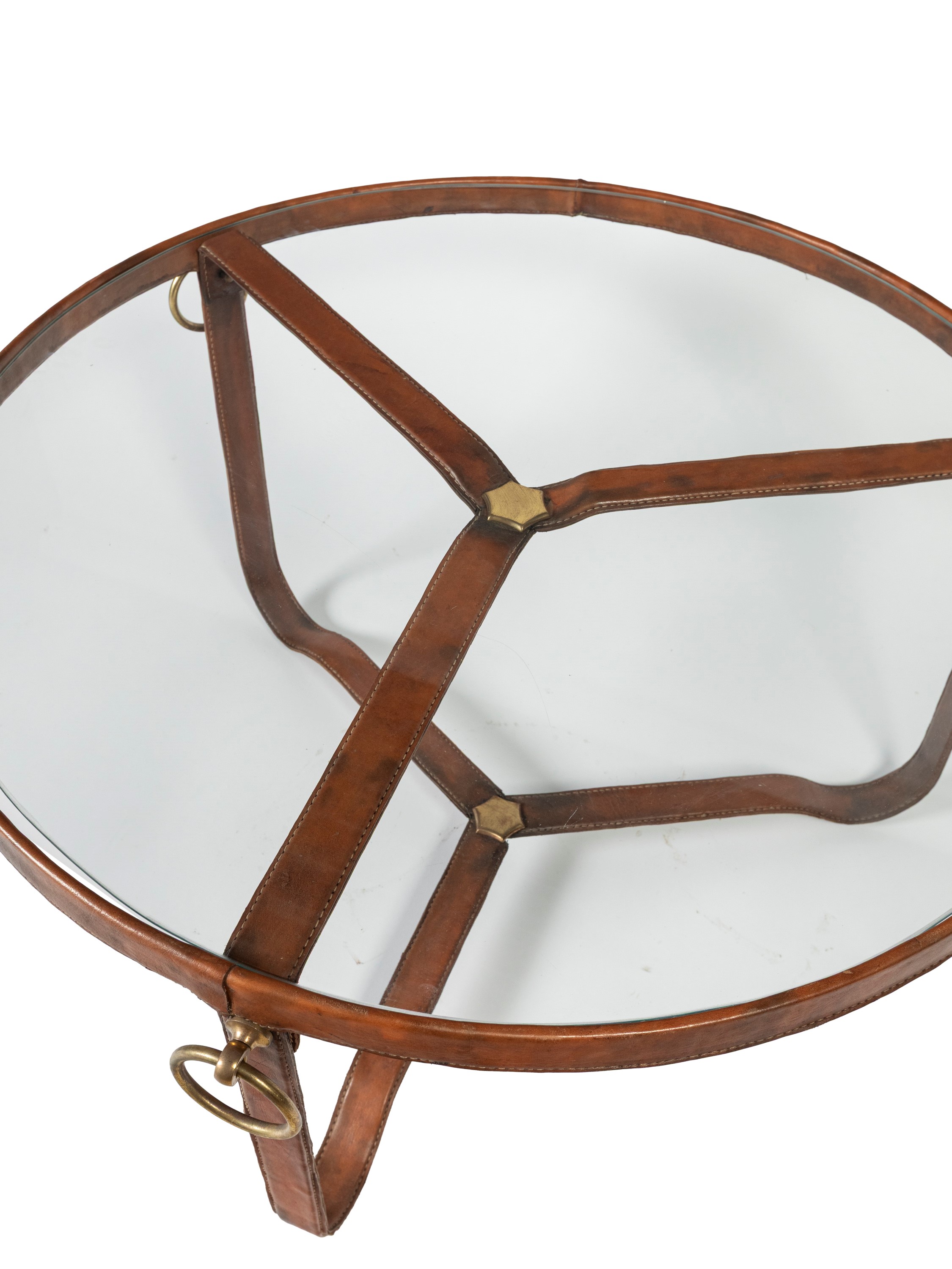 Jacques Adnet - Tavolo basso in cuoio, ottone e vetro