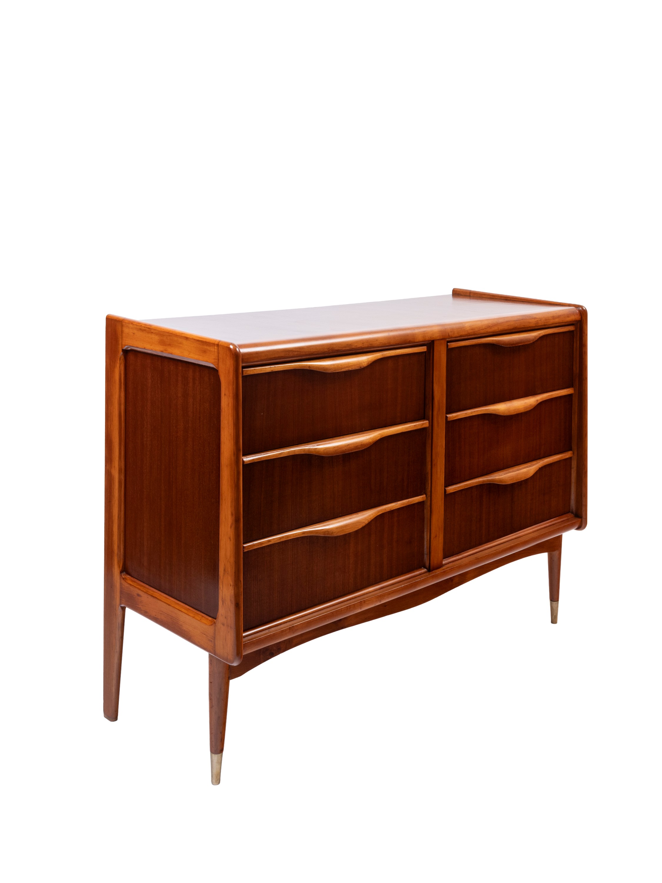 Comò, legno impiallacciato con sei cassetti e puntali in ottone, anni ’60 ca.