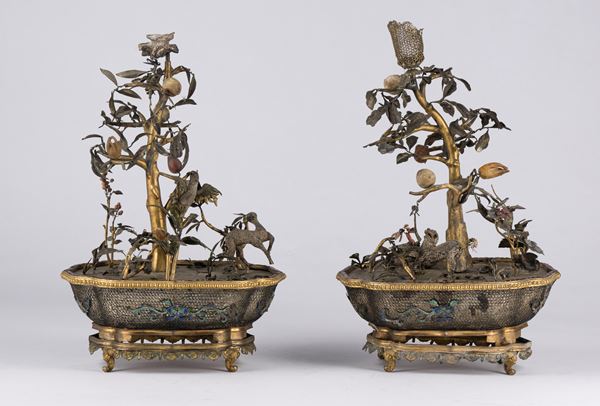 PAIR OF RARE BONSAI IN GILT AND ENAMELLED SILVER