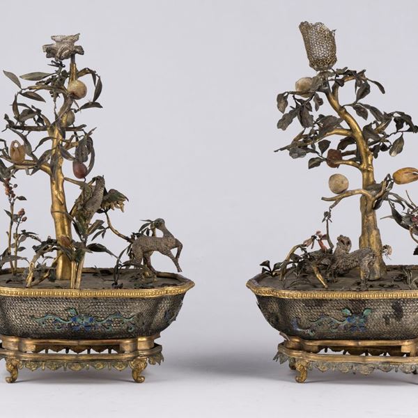 PAIR OF RARE BONSAI IN GILT AND ENAMELLED SILVER