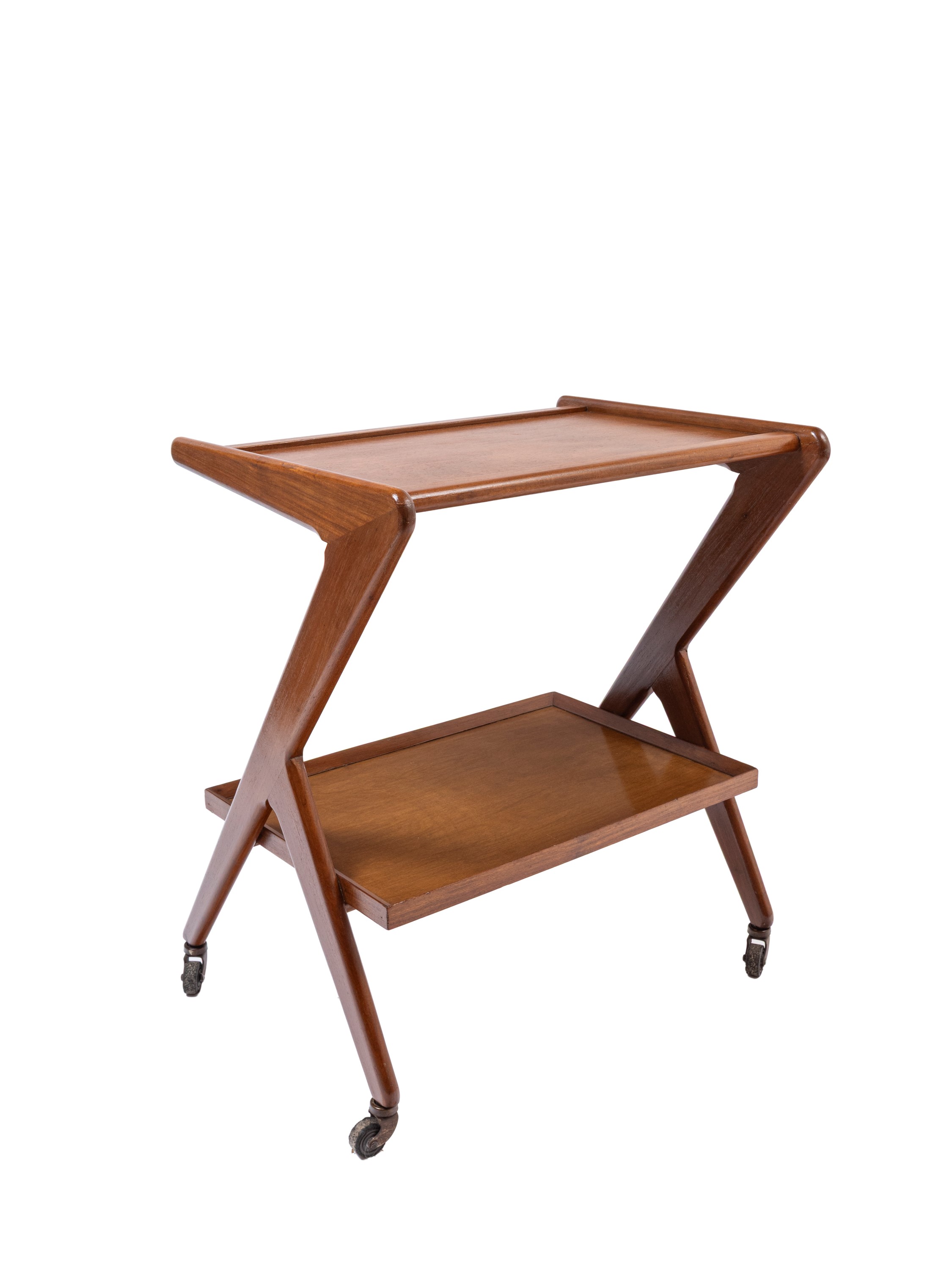 Carrello portavivande, legno con due piani sagomati e ruote in metallo (anni ’50 ca.)