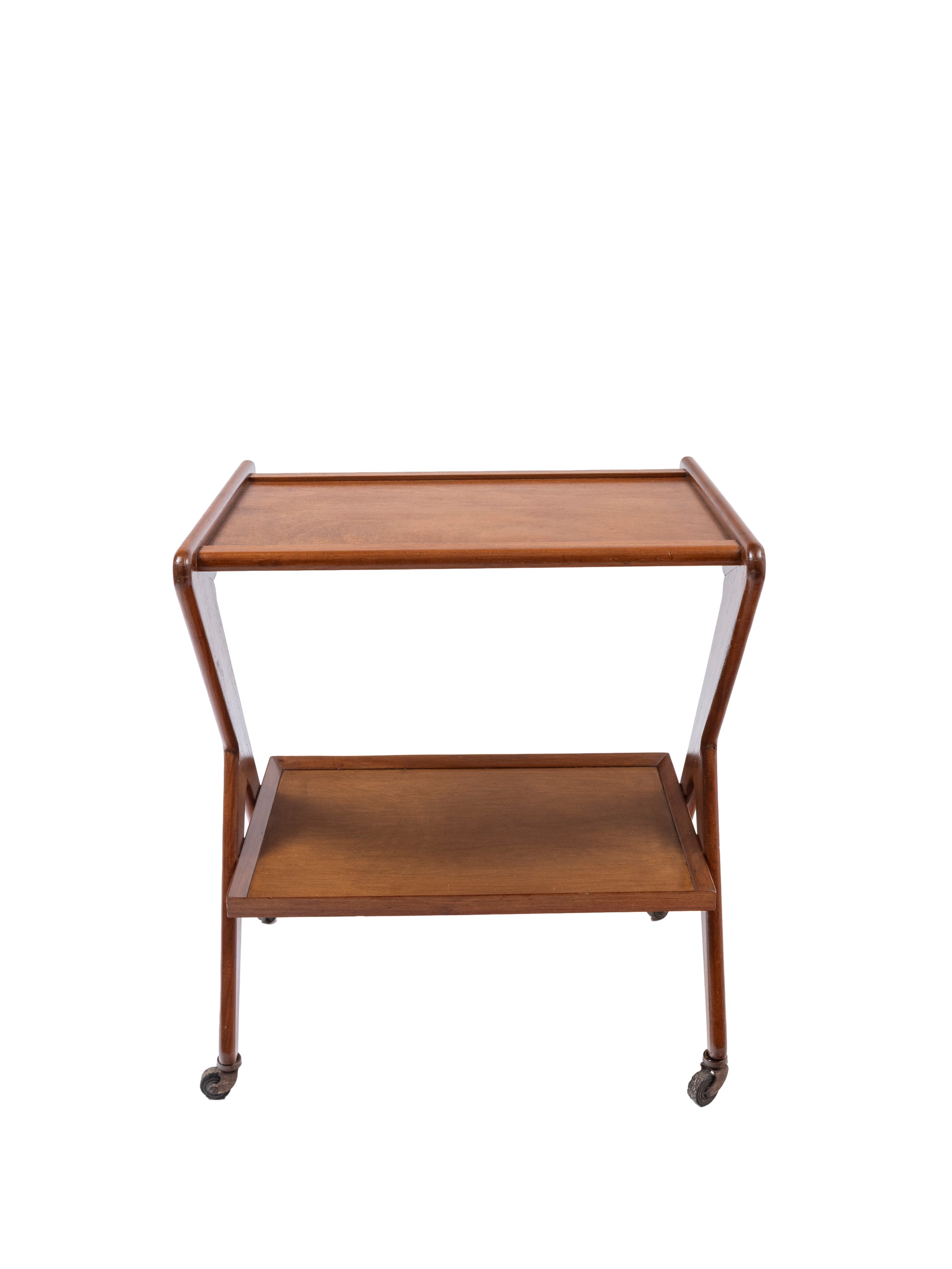 Carrello portavivande, legno con due piani sagomati e ruote in metallo (anni ’50 ca.)
