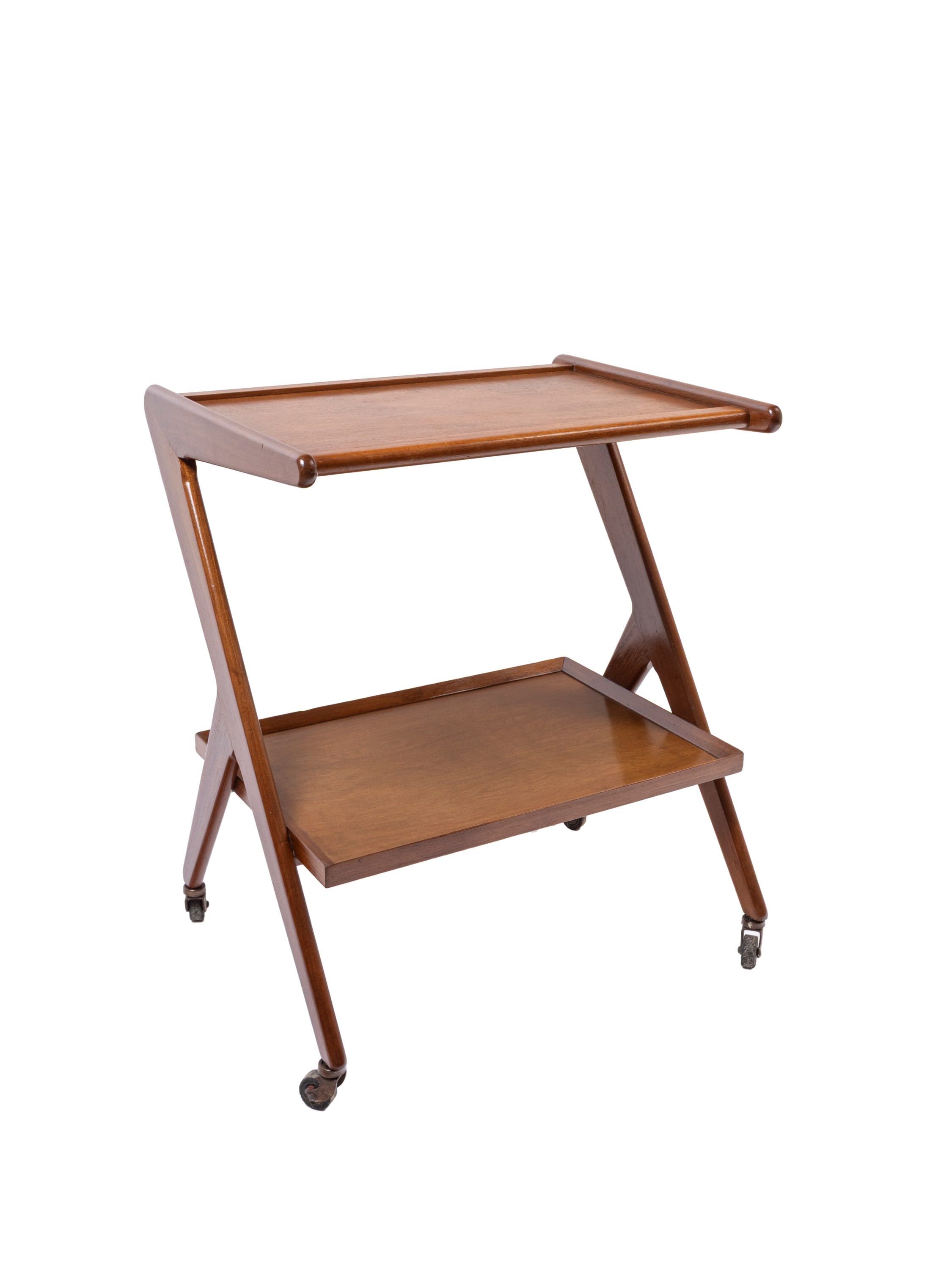 Carrello portavivande, legno con due piani sagomati e ruote in metallo (anni ’50 ca.)