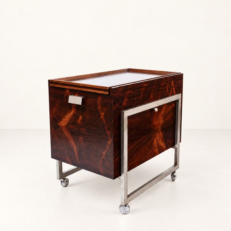 Mobile bar, anni ’60 ca., legno impiallacciato e metallo satinato