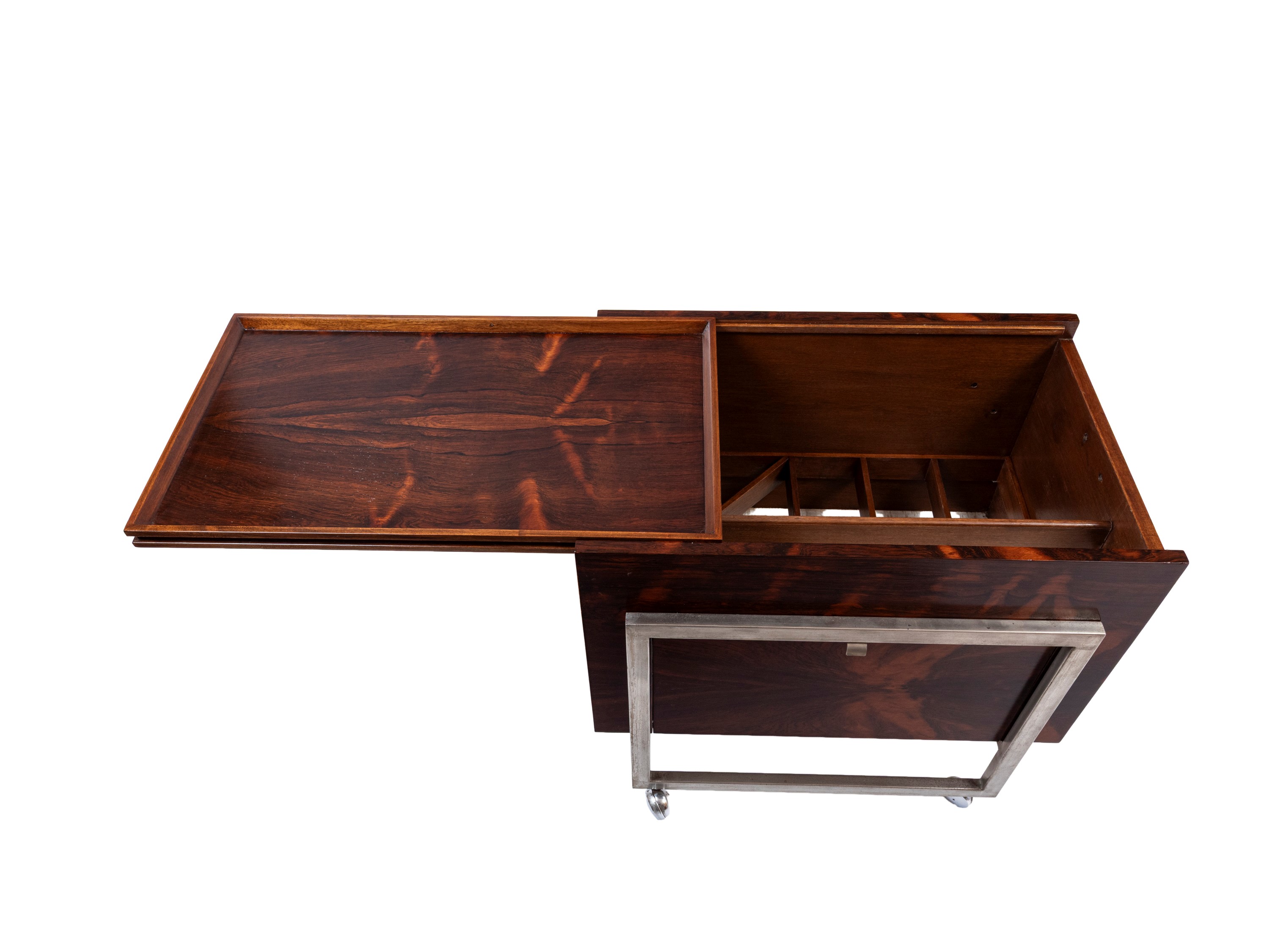 Mobile bar, anni ’60 ca., legno impiallacciato e metallo satinato