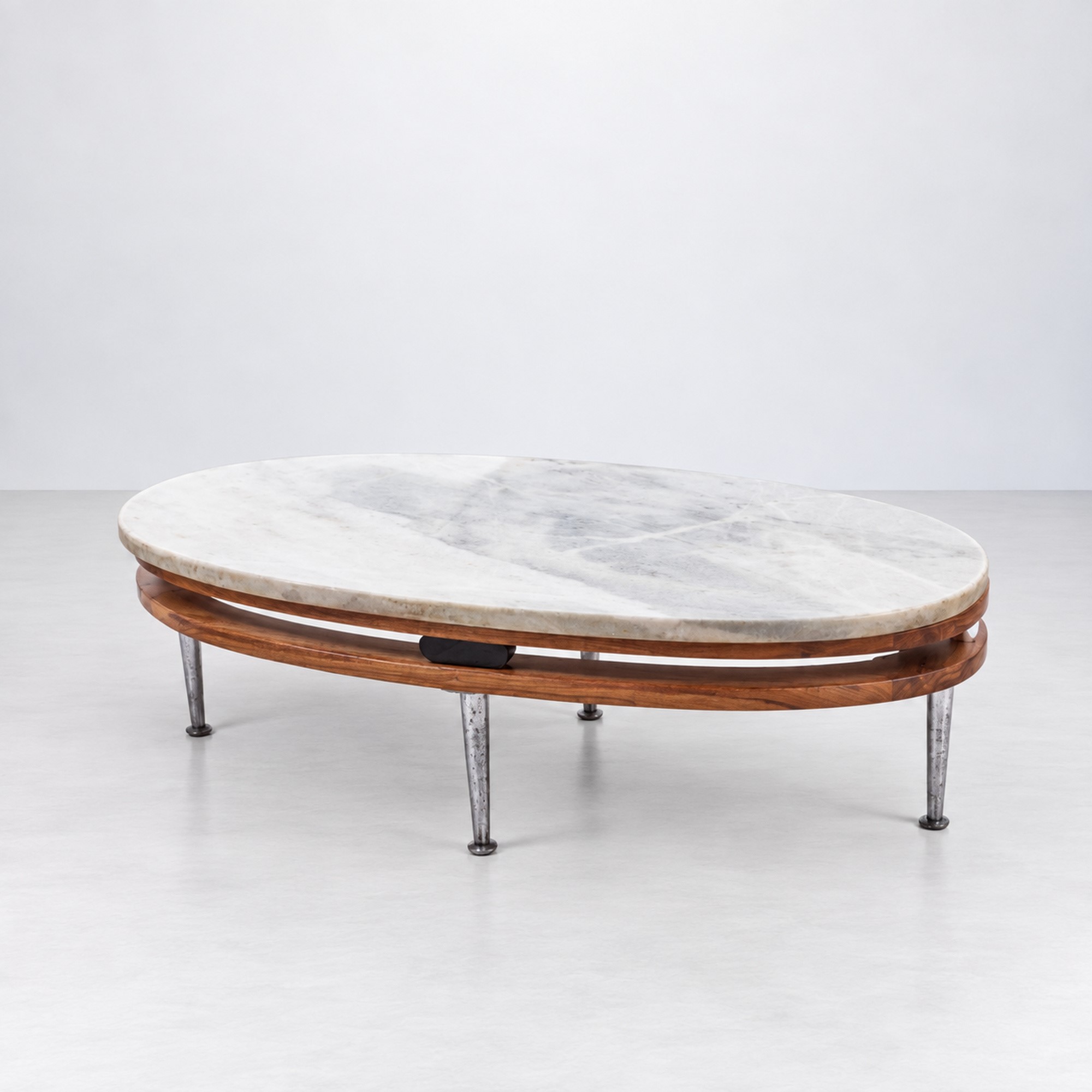 Tavolo basso, piano ovale in marmo con struttura in legno e metallo, anni ’60 circa