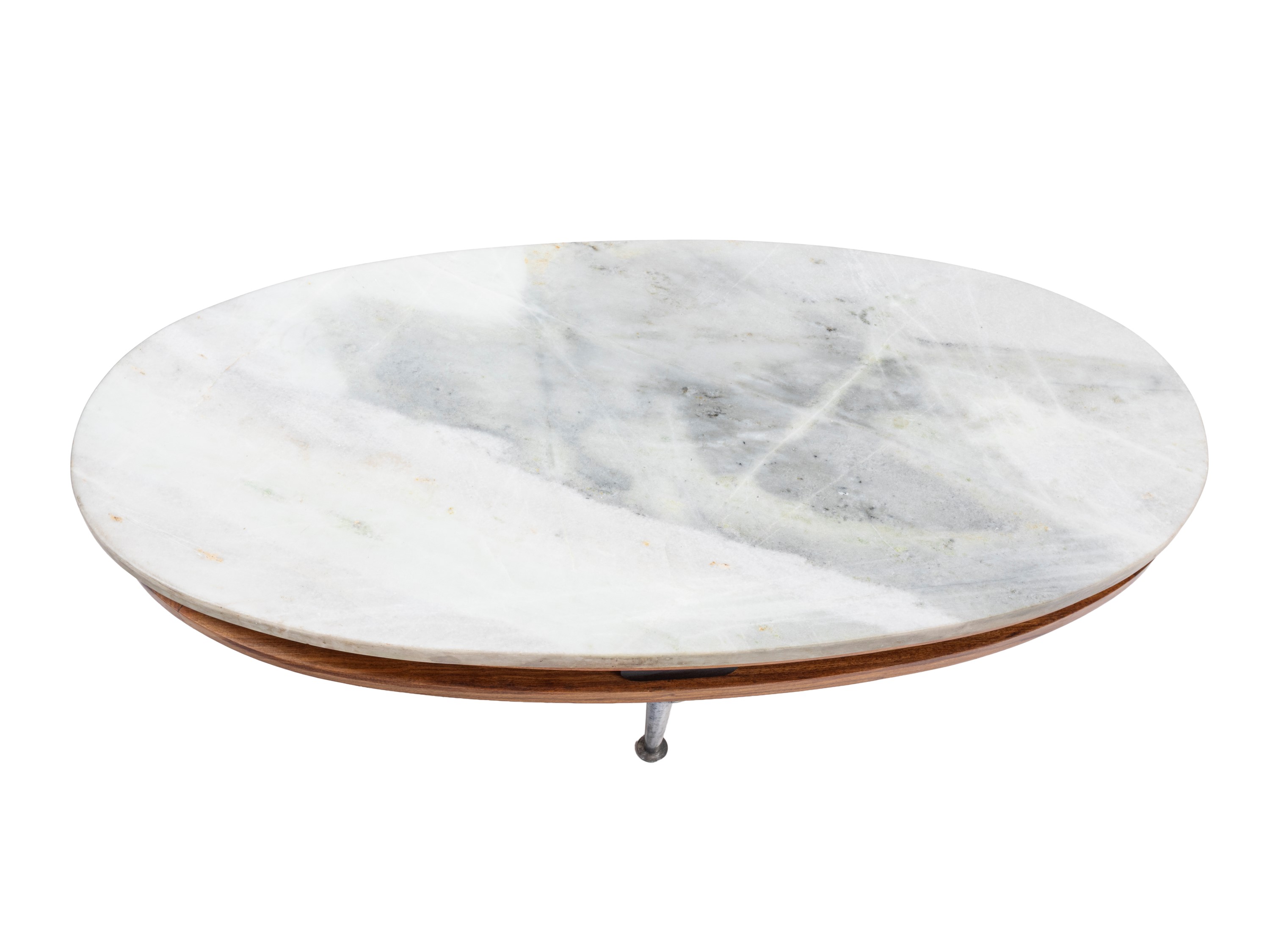 Tavolo basso, piano ovale in marmo con struttura in legno e metallo, anni ’60 circa