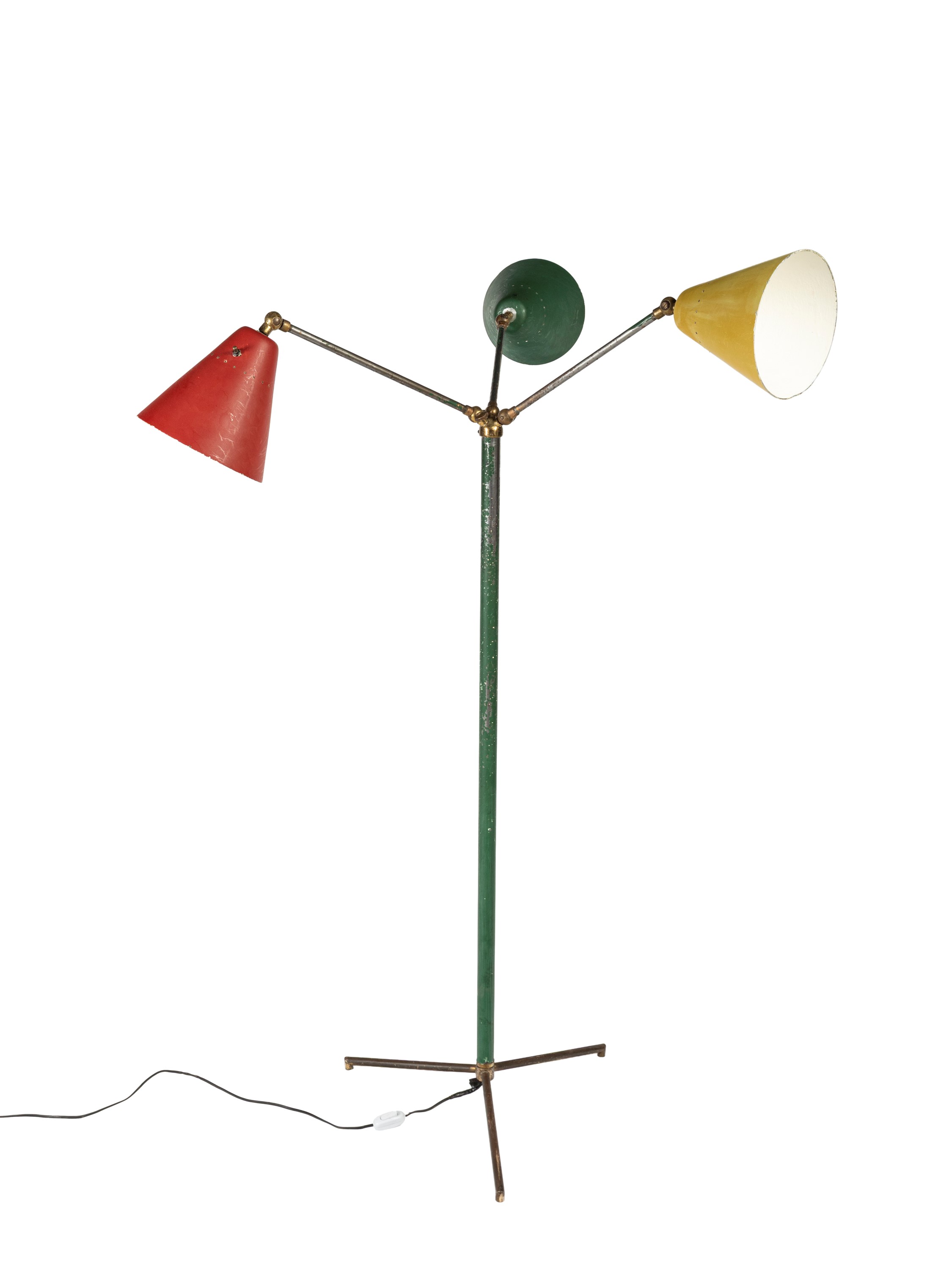 Lampada da terra a tre luci, anni ’50 ca., struttura in ottone e metallo verniciato