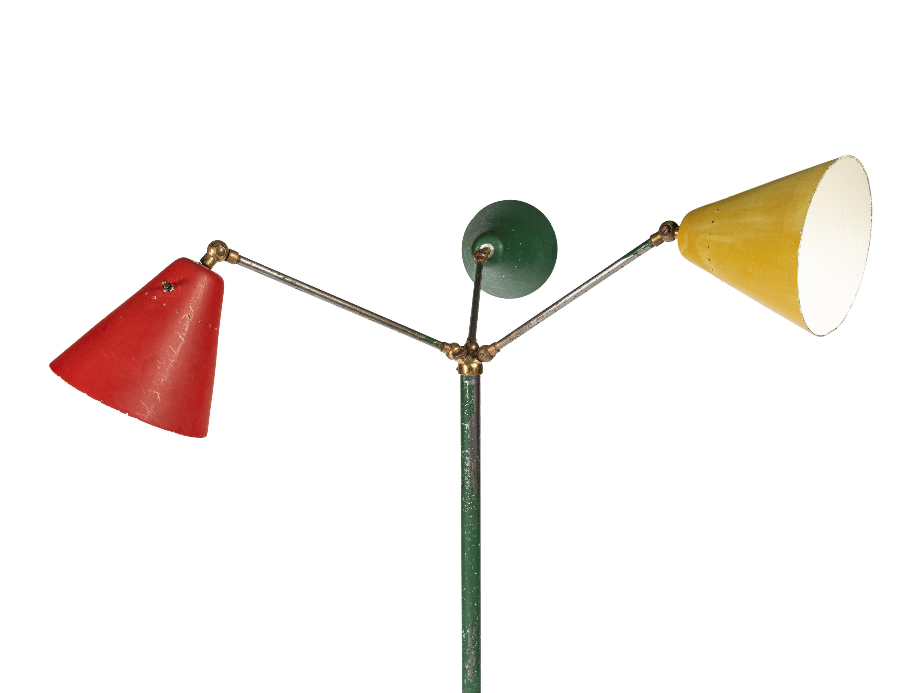 Lampada da terra a tre luci, anni ’50 ca., struttura in ottone e metallo verniciato