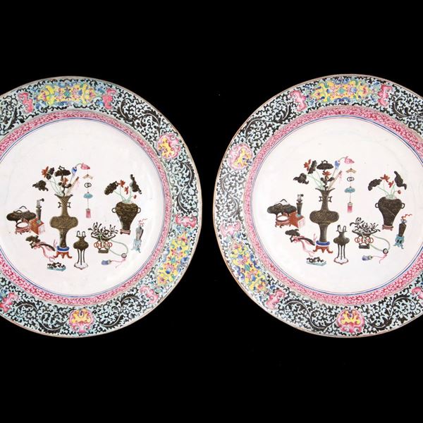 A PAIR OF ENAMEL ON COPPER DISHES