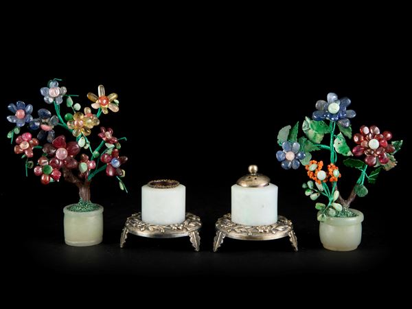 FOUR PIECES IN JADE AND SILVER