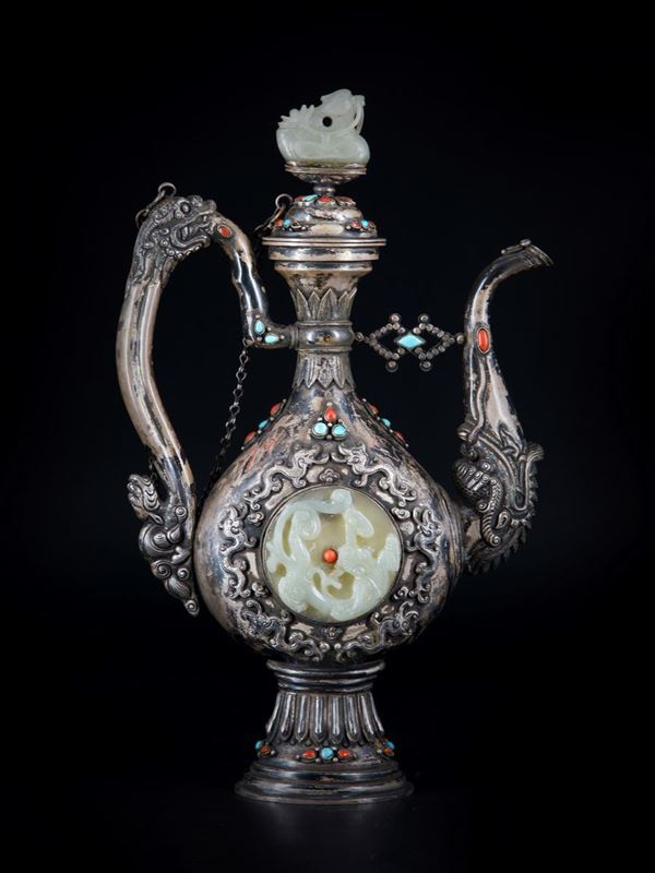 BROCCA IN ARGENTO E GIADA PER IN STILE MONGOLO  (Cina, fine XIX / inizio XX secolo)  - Asta Fine Asian Art - Marcopolo srl - Marcopolo Asian Art Auction Milano