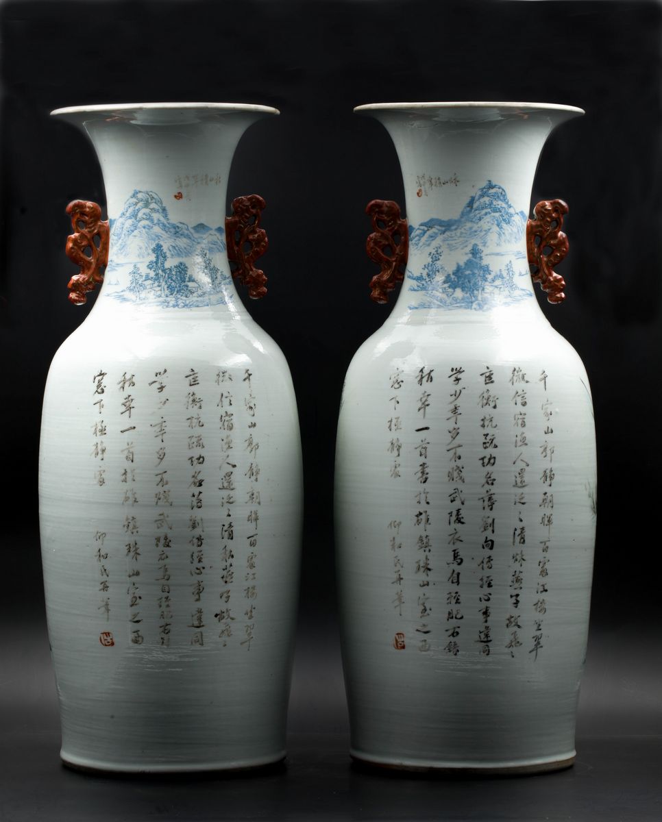 COPPIA DI GRANDI VASI IN PORCELLANA QIANJIANG FIRMATI DA WANG XINGLI