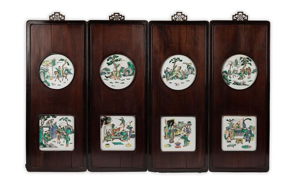 FOUR FAMILLE VERTE PORCELAIN PLAQUES