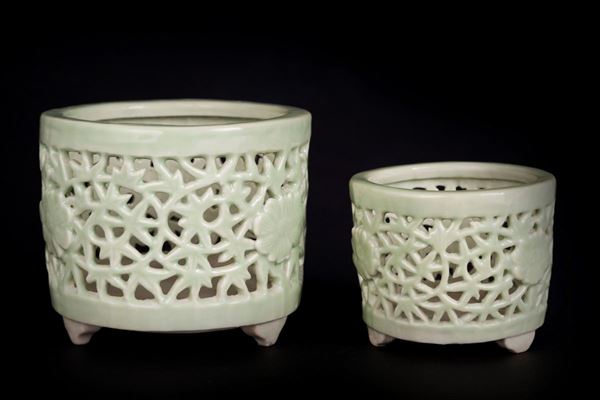 TWO RARE CELADON PORCELAIN PIERCED INCENSE BURNERS 