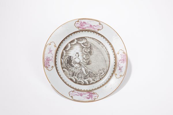 AN EN-GRISAILLE GILT AND PUCE ENAMEL DISH