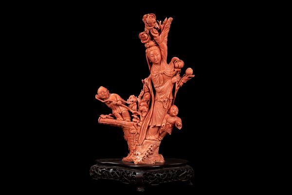 ☼A LARGE RED CORAL BEIJING STYLE CARVED FIGURE