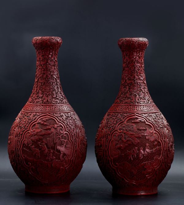  PAIR OF LARGE CINNABAR LACQUER 'GARLIC HEAD' VASES