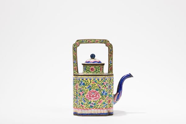 AN ENAMEL ON COPPER TEAPOT