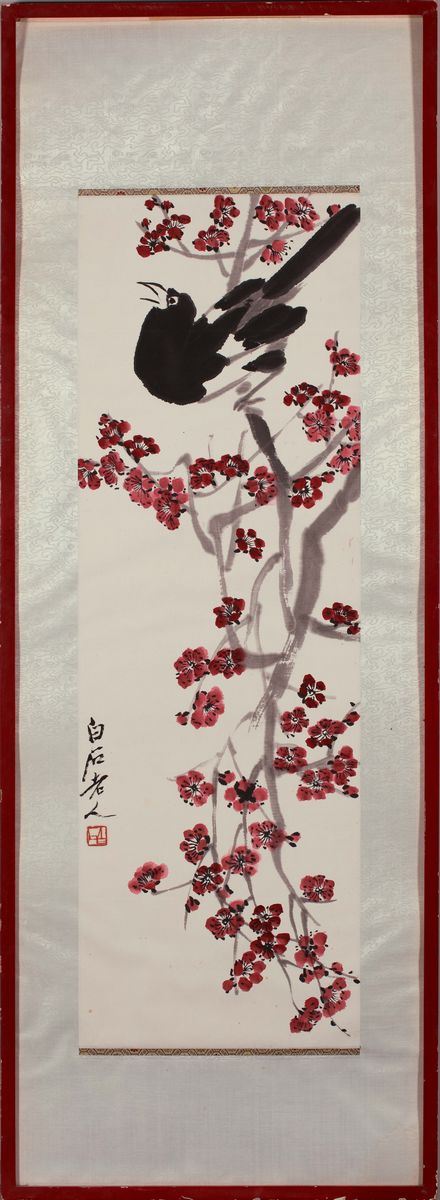 Qi Baishi, Dipinto su carta con uccello e fiori rossi, inchiostro su carta