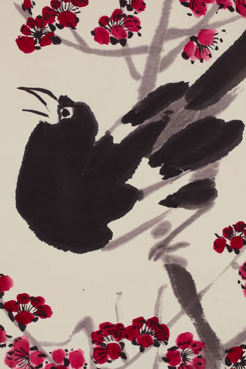 Qi Baishi, Dipinto su carta con uccello e fiori rossi, inchiostro su carta