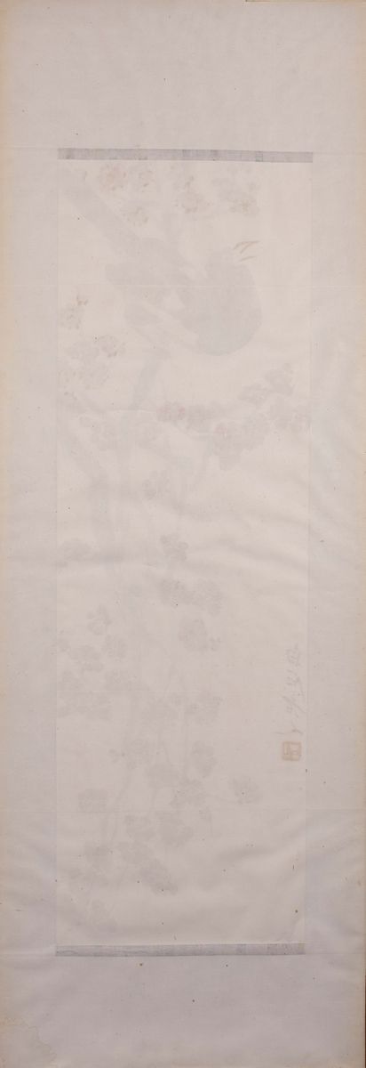 Qi Baishi, Dipinto su carta con uccello e fiori rossi, inchiostro su carta